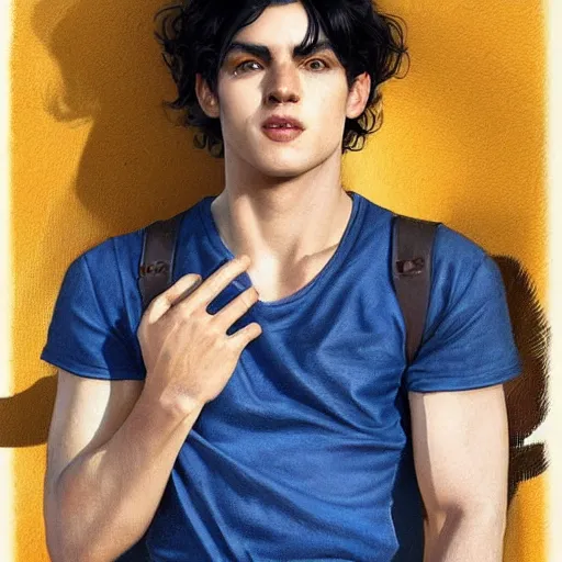 Image similar to ultra realistic illustration, a young man with black hair, in a yellow t - shirt, with blue eyes, highly detailed, digital painting, artstation, concept art, smooth, sharp focus, illustration, art by artgerm and greg rutkowski and alphonse mucha