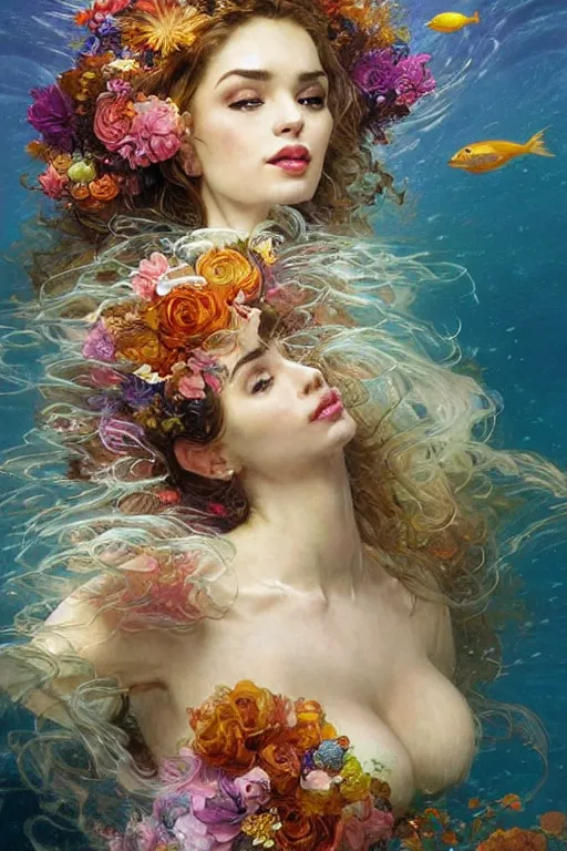 Image similar to portrait of a beautiful mysterious woman holding a bouquet of flowing flowers, hair flowing upwards, small bubbles from her mouth, hands hidden under the bouquet, submerged underwater filled with colorful small fish and coral reef, fantasy, regal, intricate, by stanley artgerm lau, greg rutkowski, thomas kindkade, alphonse mucha, loish, norman rockwell