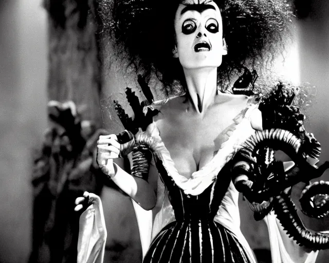 Image similar to bride of frankenstein as lydia in beetlejuice, 1 9 8 8, cdx