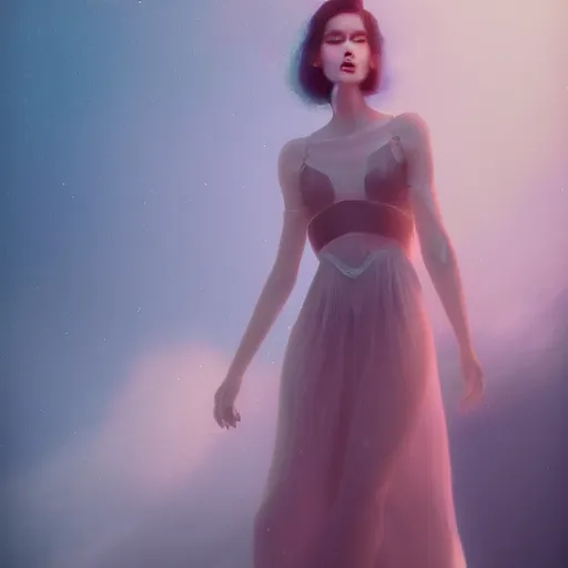 Prompt: tom bagshaw, vaporwave girl in full long dress, curiosities, accurate features, focus, very intricate ultrafine details, random volumetric lighting, fog, award winning masterpiece, octane render 8 k hd, artstation