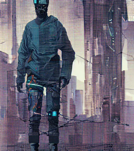 Image similar to a cyberpunk man with a glitching face, techwear, Industrial Scifi, detailed illustration, character portrait, by Martin Grip and Moebius