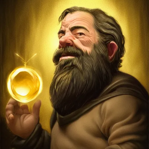 Prompt: portrait of a dwarf showing off the humongous raw gold nugget with organically sculpted lines, realistic, beautiful, fantasy art, dnd, lord of the rings, mid - shot, moody lighting, by eyvind earle, wlop, artgerm, concept art, sharp focus, ray tracing