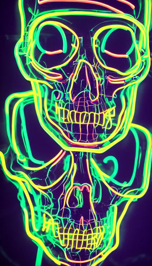 Image similar to skeleton made of neon lights, portrait, 3 d cartoon, pixar, sharp focus, film grain