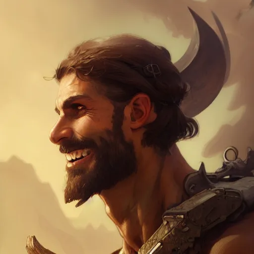 Prompt: a rugged ranger smiling softly, handsome, upper body, muscular, D&D, fantasy, intricate, elegant, highly detailed, digital painting, artstation, concept art, matte, sharp focus, illustration, art by Artgerm and Greg Rutkowski and Alphonse Mucha