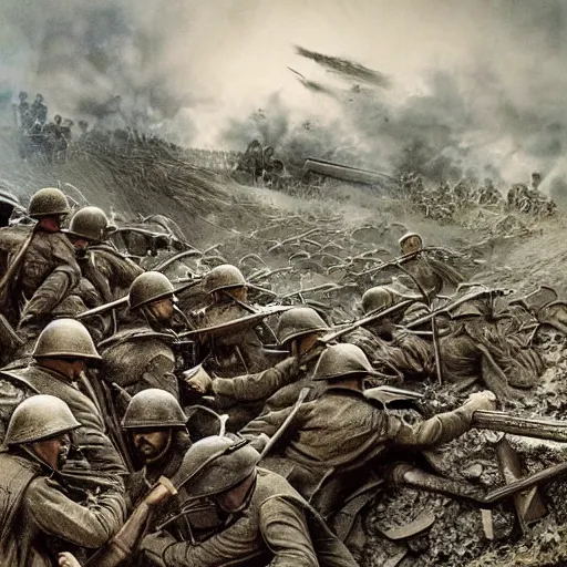 Prompt: A beautiful hyper realistic detailed matte painting of a trench under bombing with WW1 skeleton soldiers fighting