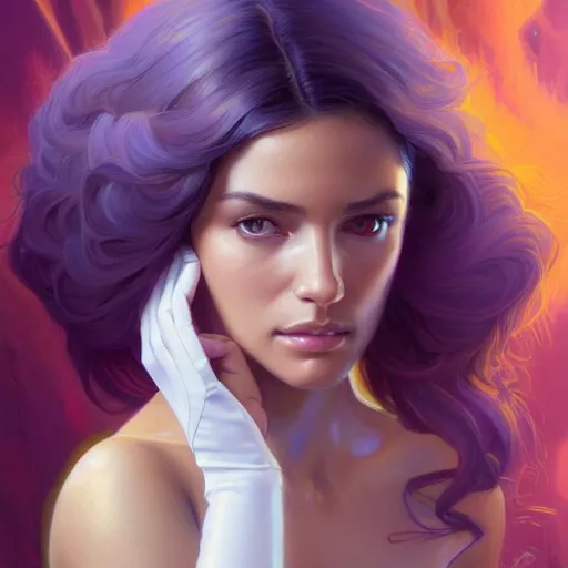 Image similar to Portrait of very very very very very very beautiful Latina woman, spacesuit, purple eyes, intricate, elegant, highly detailed, digital painting, artstation, concept art, smooth, sharp focus, illustration, art by artgerm and greg rutkowski and alphonse mucha