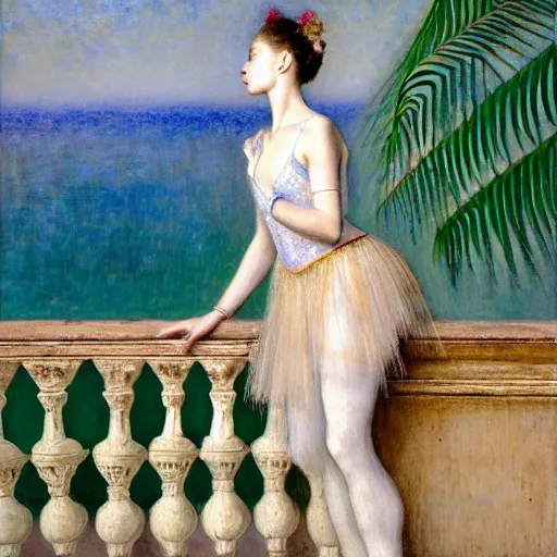 Image similar to a ultradetailed beautiful painting of a ballerina in the amazonas palace balustrade designed by jules bastien - lepage, hans belmer, frank weston and gustave baumann, beach, trending on artstation, mediterranean, palm trees, refracted color sparkles, sharp focus, soft light, 8 k 4 k