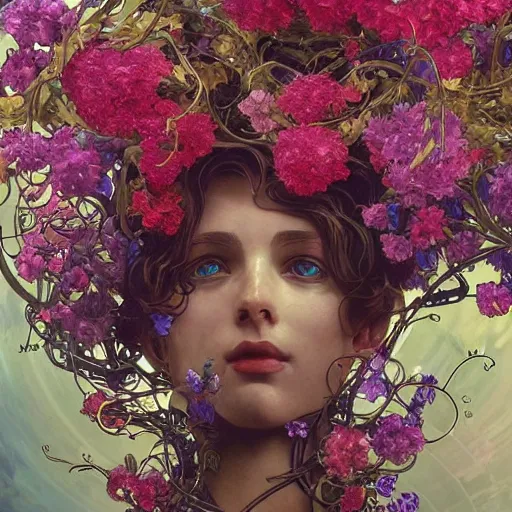 Prompt: colourful vfx art - portrait of army mecha robot wrapped in flowers & vines, art by alphonse mucha & james jean, volumetric light, ray tracing, sharp, detailed, digital painting, illustration, highly detailed, intricate detail, unreal engine, octane render, pinterest, behance, art station,