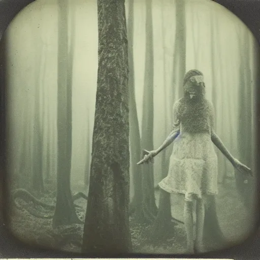 Prompt: an ancient evil-girl on a mysterious fractal forest, mist, 1910 polaroid photography, Black and white