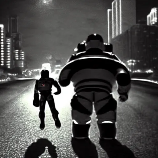 Image similar to “a shot from sin city in which we see buzz lightyear from toy story in a space suit riding a horse in a dimly lit street, super 8 film”