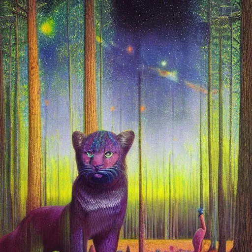 Prompt: psychedelic big cats lush pine forest, outer space, milky way, designed by arnold bocklin, jules bastien - lepage, tarsila do amaral, wayne barlowe and gustave baumann, cheval michael, trending on artstation, star, sharp focus, colorful refracted sparkles and lines, soft light, 8 k 4 k