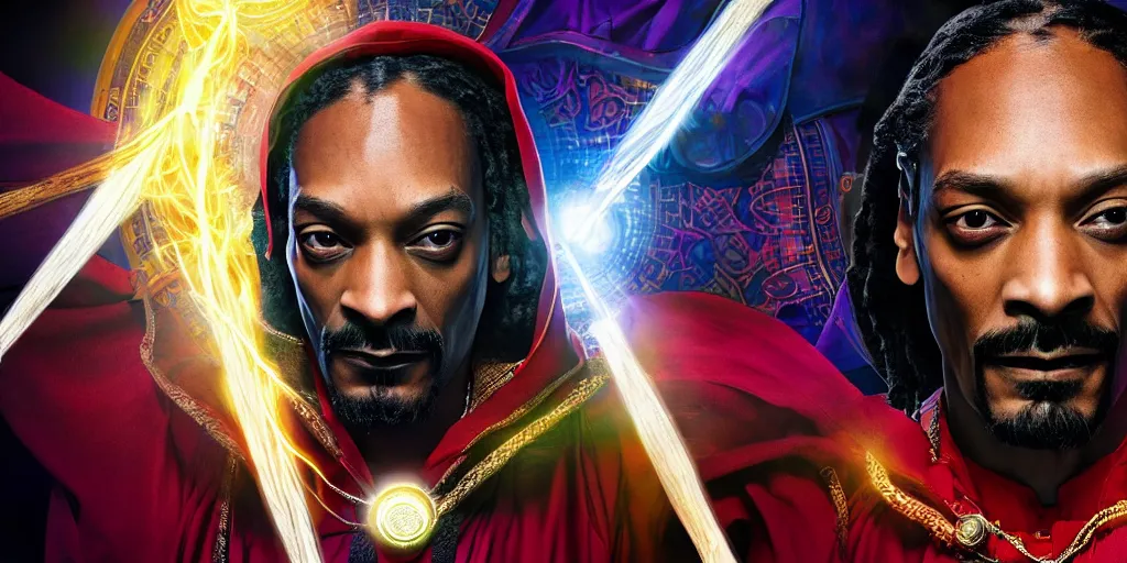 Prompt: snoop dogg as doctor strange, multiple dimensions, shattered glass, refractions, highly detailed, environmental light, cinematic by francis tneh