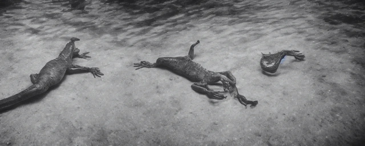 Image similar to an ultra wide colour 3 5 mm film photo of a terrifying reptile humanoid creature, lurking underwater in a public swimming pool, liminal spaces, ritual occult gathering, film grain