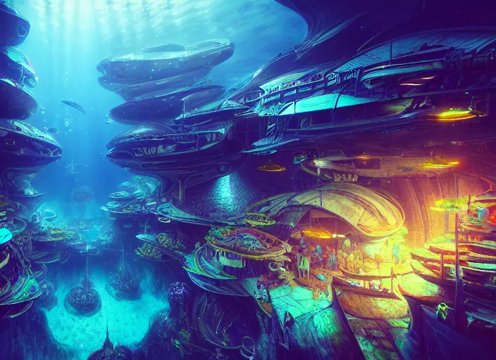 Image similar to favela spaceship cathedral, underwater environment, sorcery, scenery, professional, award - winning, trending on artstation, hyper detailed, realistic, beautiful, emotional, shiny, colorful, picture