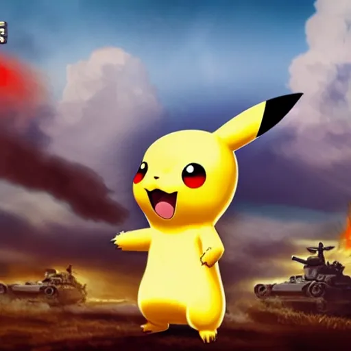 Image similar to ! pikachu! fighting stalin in ww 2 uniform and a mustache, fighting in world war 2, photorealistic, high detail, realistic, sharp focus, smooth edges, soldiers in the background, dramatic, sky on fire with dogfights in the sky. wide angle