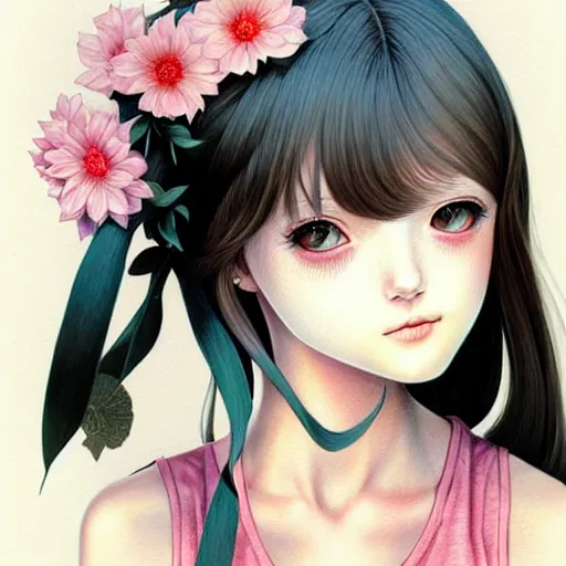 Image similar to richly detailed color  illustration of a dainty pretty young woman wearing a tank top, 'Southern Death Cult' is the theme, very soft shadowing, smooth textures, large scale image. art by Range Murata.