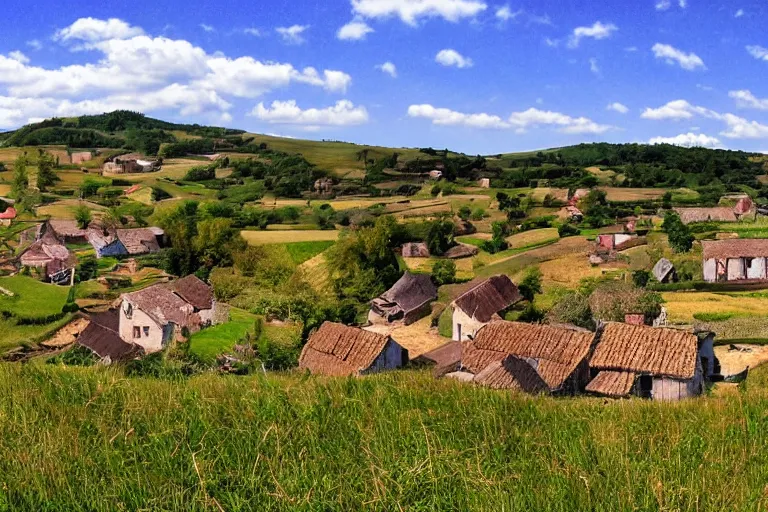 Image similar to wide shot of a rural countryside village in the style of carl valente