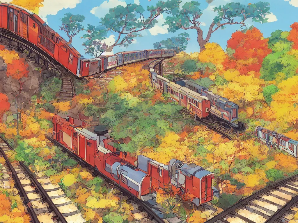 Image similar to longitudinal cut sideview of a anime train, autumn light, colorful, beautiful, by studio ghibli, by hayao miyazaki, digital art, concept art, manga, cute and adorable, illustration