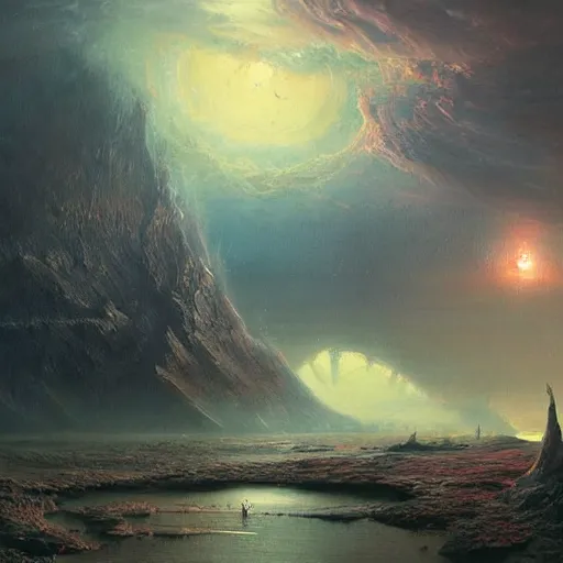 Prompt: A beautiful painting of strange alien landscapes by Maciej Rebisz and Thomas Kinkade