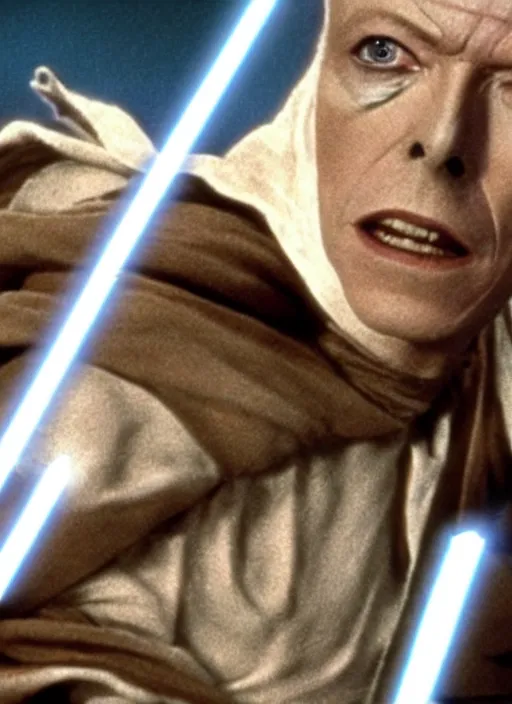 Prompt: david bowie as obi wan kenobi in star wars, movie frame, bluray