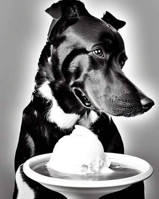 Image similar to portrait of a dog with ice cream dripping from its nose, detailed medium format photo, polaroid still, black and white, helmut newton, high production value, intricate details, high resolution, hyperrealistic, hdr, high definition, award winning photography, masterpiece, ultra realistic, highly detailed, hd, sharp focus, cinematic lighting, shaded, non blurry, sharp, smooth