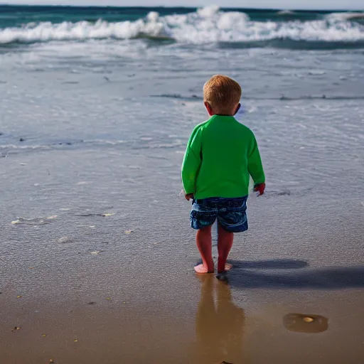 Image similar to a little boy on the beach, yellow floaties, XF IQ4, f/1.4, ISO 200, 1/160s, 8K, RAW, unedited, symmetrical balance, in-frame