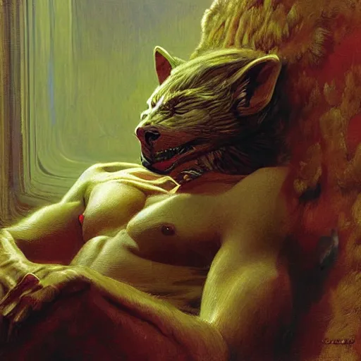 Image similar to a portrait of a furry alien human hybrid sleeping on the couch. highly detailed painting by gaston bussiere, craig mullins, j. c. leyendecker, furry