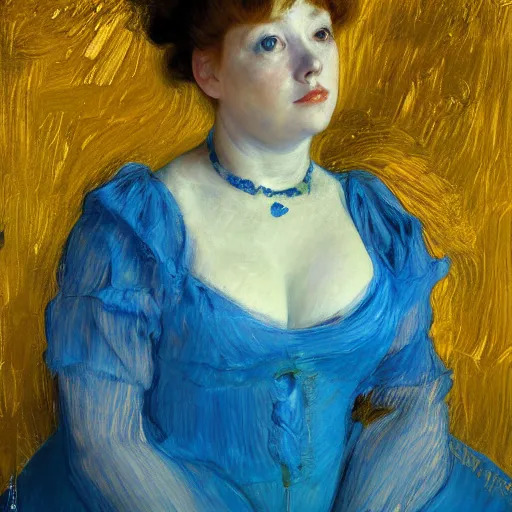 Image similar to palette knife oil painting portrait of a girl in a blue and gold room, film still by goya, by henri de toulouse - lautrec, by klimt, by pontormo, extreme detail, liminal aesthetic, artgerm, deviant art, octane, substance, art history 8 k, art nouveau