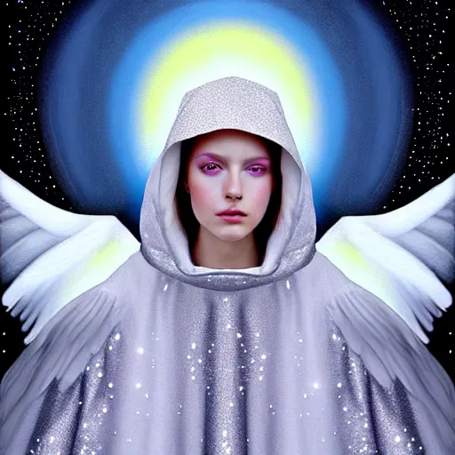 Image similar to beautiful high details hyper realistic painting of white angel in the hood coming from space with giant ball of miracle light from the chest!!!!!, 4 k hd face!!!, fashion face, no gender, giant silver holographic wings, by jan van eyck, holography space, white sparkles everywhere, thin strokes, high textures, silver background