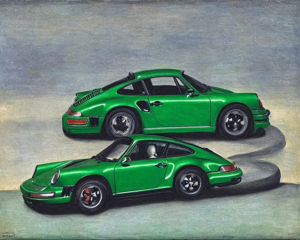 Prompt: an abstract, flat side view of a dark green Porsche 911 Turbo. intricate, vibrant, Raphael, Monet, Rene Margritte.