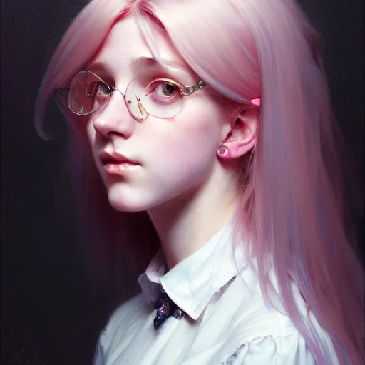 Prompt: portrait of a scottish teenage girl with pinkish grayblonde hair, glowing skin, awkward, nerdy, fantasy, intricate, elegant, dress shirt, highly detailed, digital painting, artstation, concept art, smooth, sharp focus, illustration, art by Krenz Cushart and Artem Demura and alphonse mucha