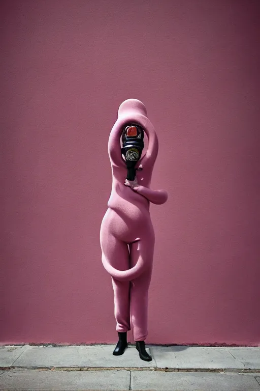 Image similar to a surreal portrait of intertwined and contorted figures wearing gas mask next to a pink wall in the style of brooke didonato, editorial fashion photography from vogue magazine, full shot, nikon d 8 1 0, ƒ / 2. 5, focal length : 8 5. 0 mm, exposure time : 1 / 8 0 0, iso : 2 0 0