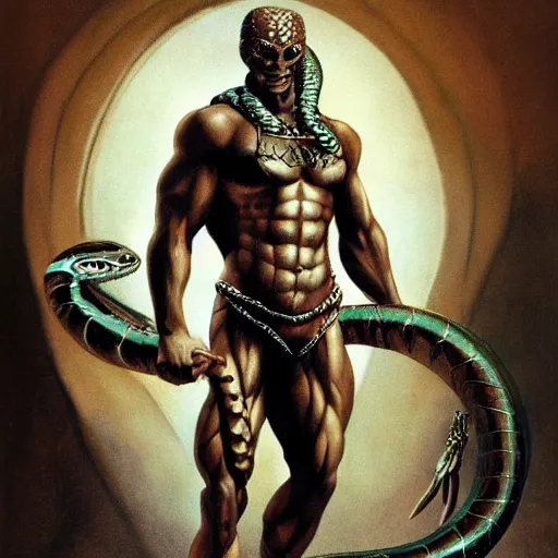 Image similar to serpent - man berlusconi warlord wearing bronze age clothing, bodybuilder snake, anatomical, horrific background symmetrical, zoom out, high quality, high definition, 8 k, photograph photorealistic by frank frazetta