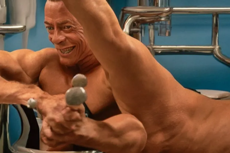 Image similar to hyperrealistic Jean Claude Vandamme doing the splits, spread eagle between two chairs over a toilet, golden hour, smiling, award winning