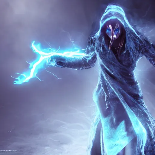 Image similar to character design, dark arcanist, blue lightning, blue mist, fog, scary, photorealistic, unreal engine