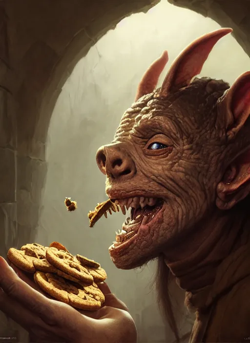 Image similar to highly detailed closeup portrait of a medieval goblin eating cookies, stephen bliss, unreal engine, greg rutkowski, ilya kuvshinov, ross draws, hyung tae and frank frazetta, tom bagshaw, tom whalen, nicoletta ceccoli, mark ryden, earl norem, global illumination, god rays, detailed and intricate environment