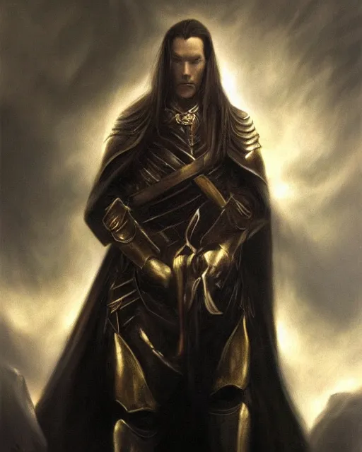 Prompt: a beautiful portrait of fingolfin, dramatic art chiaroscuro lighting, rules of compostion, great creative ideas, highly detailes dark oil painting, insanely realistic