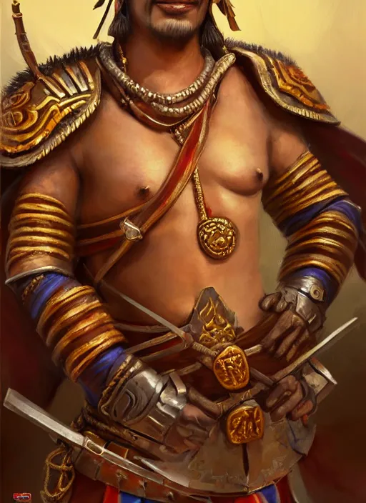 Image similar to smart tai warlord, closeup portrait, without beard and mustache, historical hero, ethnic group, tai costume, thai transitional bronze headdress, intricate, with leather armor cross on bare chest, elegant, loin cloth, highly detailed, oil painting, artstation, concept art, matte, sharp focus, illustration, hearthstone, art by earl norem