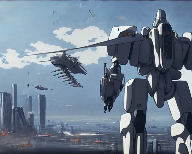 Prompt: Beautiful Epic scene of a beautiful gigantic Patlabor style mech being air lifted by futuristic helicopters above a futuristic Tokyo style military city, extreme detail, by Greg Rutkowski and Krenz Cushart and Pan_Ren_Wei and Hongkun_st and Bo Chen and Enze Fu and WLOP and Alex Chow, Madhouse Inc., anime style, crepuscular rays, set in rainy futuristic cyberpunk Tokyo street, dapped light, dark fantasy, cgsociety, trending on artstation