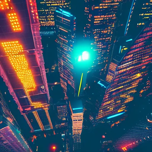 Image similar to neon city, cyberpunk, man standing on the roof, wing swings his tie, drone view