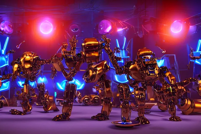 Prompt: scene from the voice of america, on stage are 4 golden and blue metal humanoid steampunk robots dancing, robots are wearing and gears and tubes, eyes are glowing red lightbulbs, shiny crisp finish, 3 d render, 8 k, insaneley detailed, fluorescent colors, nightlight