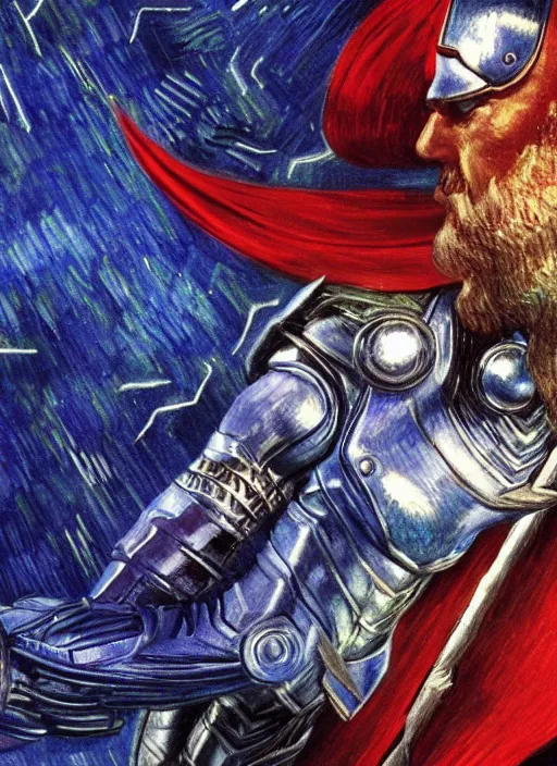 Image similar to 3d render of close-up of Thor conjuring a violent royal blue thunder, a floating iridescent blade sword of chaos from God of War in the center, intricate, wearing a luxurious futuristic airforce suit, elegant, digital painting, concept art, smooth, sharp focus, illustration, by Vincent van Gogh