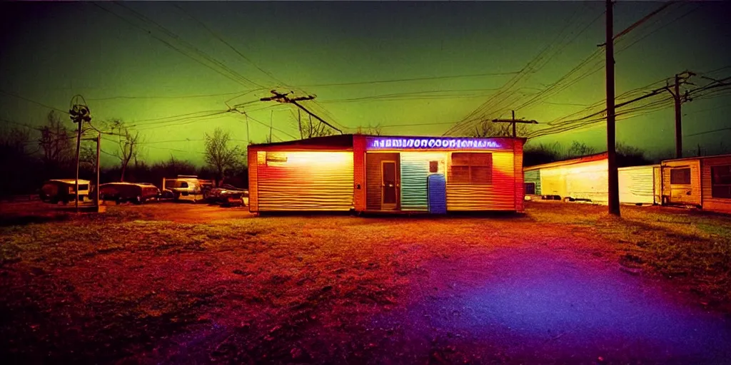 Prompt: detailed color analog medium format scene from harmony korine movie, polaroid photo of trailerpark, rim light, shot at night with studio lights, atmospheric, high production value, intricate details, 8 k resolution, hyperrealistic, hdr, photorealistic, high definition, tehnicolor, award - winning photography, masterpiece, amazing colors,