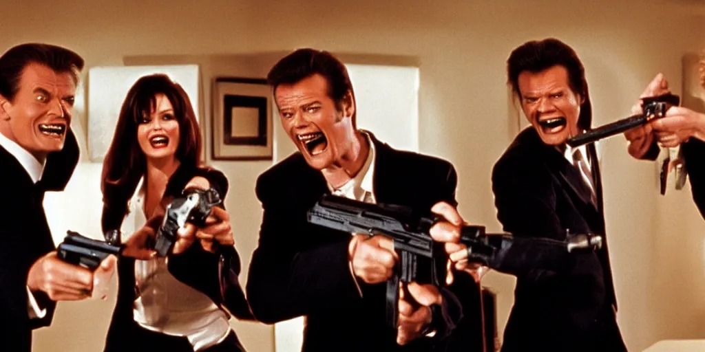 Prompt: still frame of Geena Davis, Roger Moore and Jim Carrey in Pulp Fiction laughing hysterically at a tiny gun