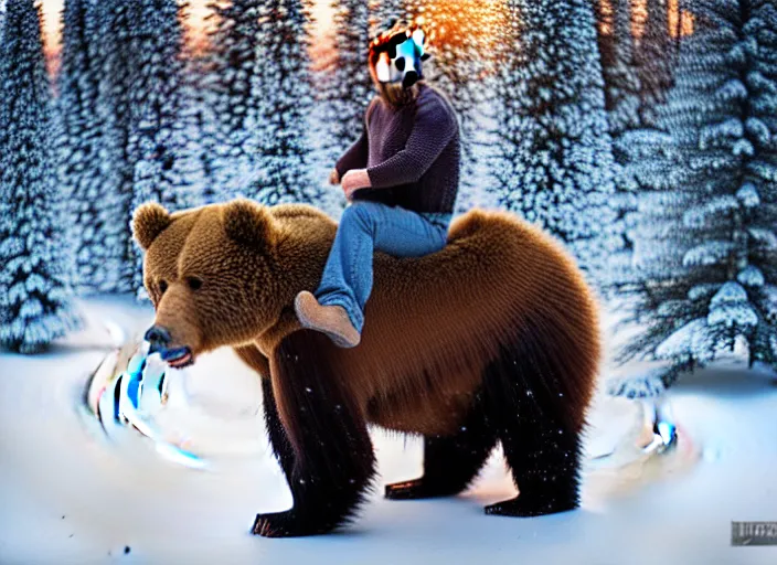 Image similar to portrait photo of chuck norris riding his fluffy grizzly bear, in the forest at dawn. fantasy magic style. highly detailed 8 k. intricate. lifelike. soft light. sony a 7 r iv 5 5 mm. award winning photography.