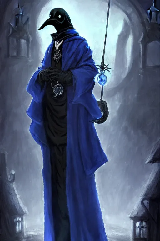 Image similar to a plague doctor with a blue wizard robe as a d & d character, blue robe, magical, black fur armor, harry poter, concept sheet, painting by gaston bussiere, demon slayer, gta loading screen art, dramatic lighting, anime