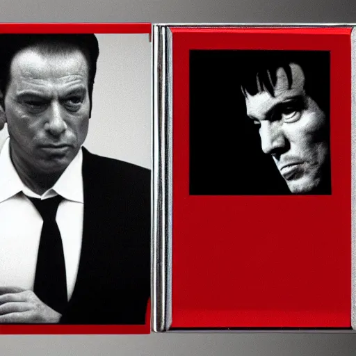 Prompt: Silvio Berlusconi in Pulp Fiction opening a red square featureless metallic box