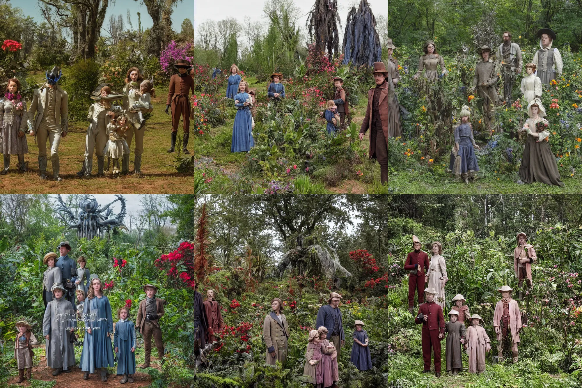 Prompt: sharp, highly detailed, 131072k film, 70000mm film still from a sci fi blockbuster color movie made in 2019, set in 1860, of a family standing in a park, next to some strange alien plants and flowers, on an alien planet, the family are all wearing 1860s era clothes, good lighting, good photography, in focus, 35mm macro lens, ultra high definition