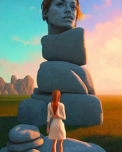 Image similar to a painting of a real woman standing in front of a huge stone statue, a screenshot by stanley twardowicz, cgsociety, aestheticism, aesthetic, vaporwave, anime aesthetic