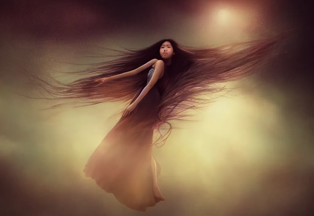 Image similar to a thin, pretty young Filipino woman with long hair floats dramatically in the air in a dreamy world in the distance, her face is in shadow, eyes closed, very beautiful, inspiring, hopeful, dramatic lighting, abstract digital art, trending on artstation